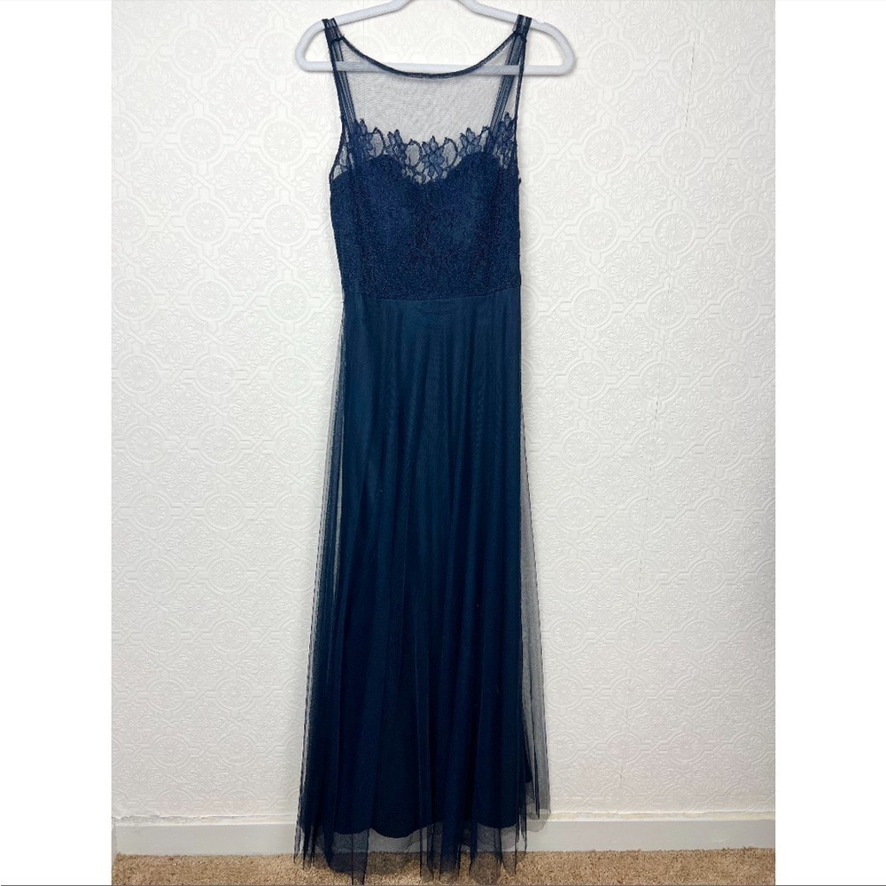 Bill Levkoff Navy Blue Maxi Dress‎ 1177 Sheer Flowy Lacey Open Back